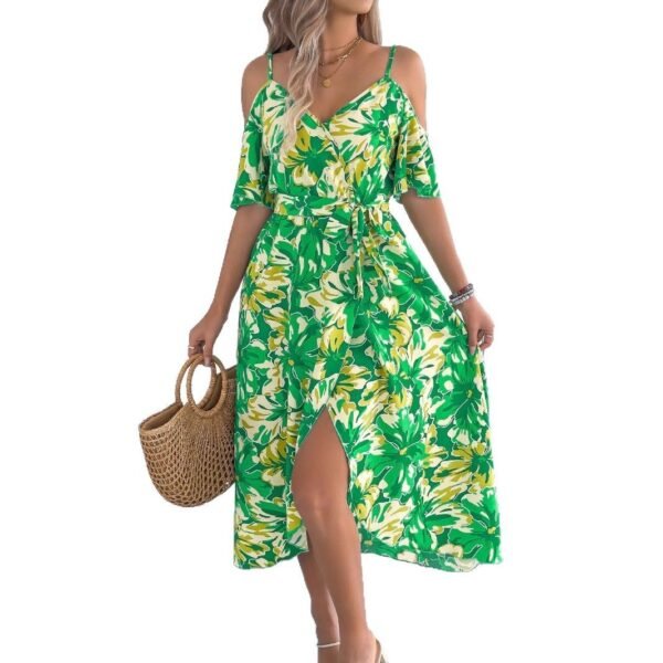 European And American Strapless Cross V-neck Flower Strap Holiday Dress