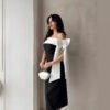 Women's Off-shoulder Bow Black And White Color Matching Elegant Cocktail Dress