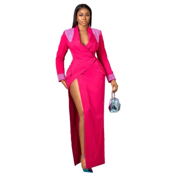 Rose Red Suit Collar Deep V Split High Waist Dress