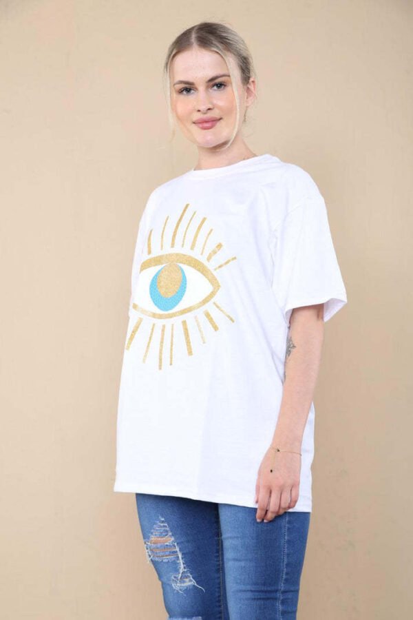 Ladies Oversized Sequin Eye Printed Short Sleeves T-Shirt Top
