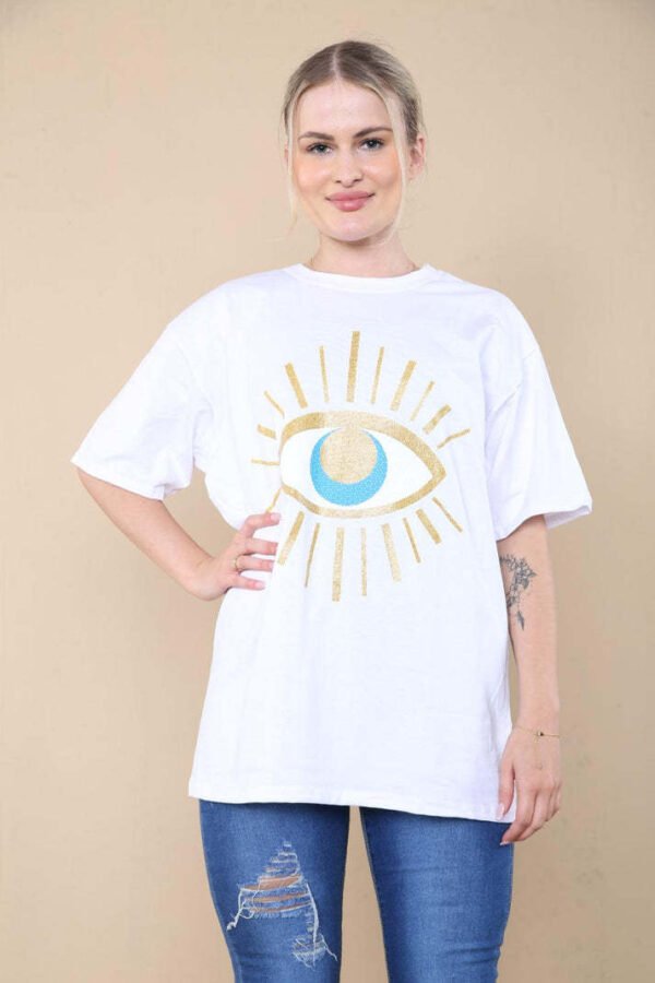 Ladies Oversized Sequin Eye Printed Short Sleeves T-Shirt Top