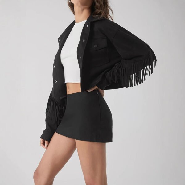 Women's Black Fringe Detail Cropped Jacket