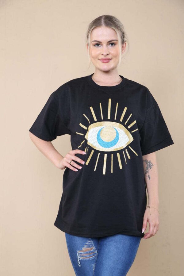 Ladies Oversized Sequin Eye Printed Short Sleeves T-Shirt Top