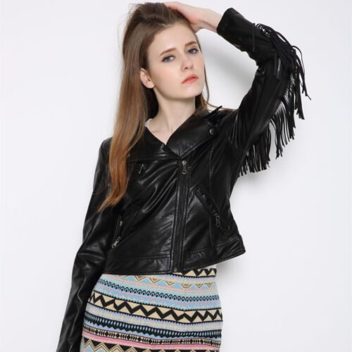 Women's Slim Fit Tassel Detail PU Leather Biker Jacket