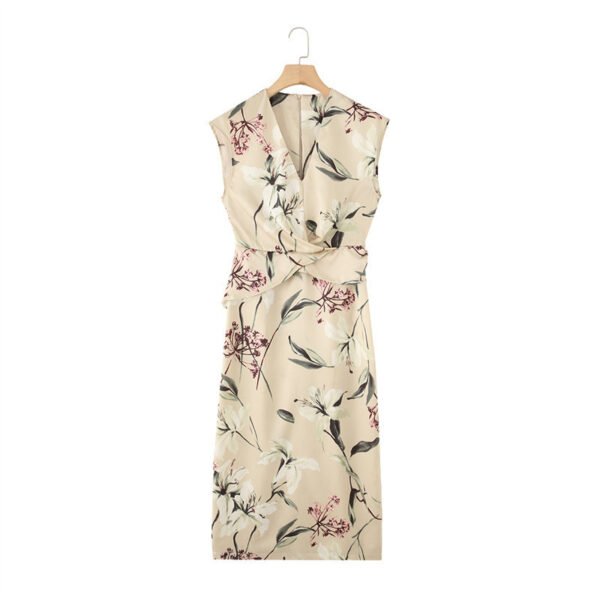 Flower Printed Silk Satin Texture V-neck Short Sleeve Dress