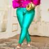 High Waist Slim Fit Solid Straight Leg Pants Green Elastic Lounge Pants