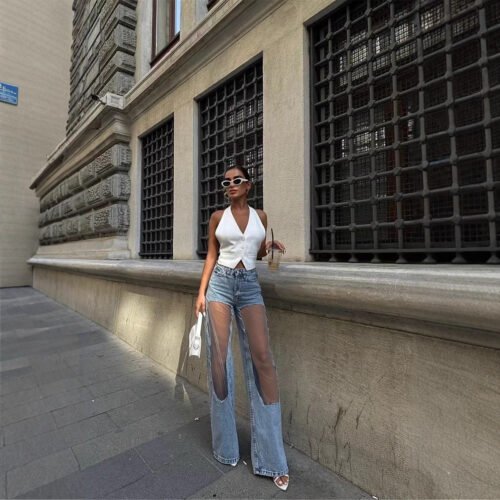 Women's Denim Jeans With Sheer Panels