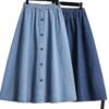 Plus Size Breasted Elastic Waist Blue Denim Skirt
