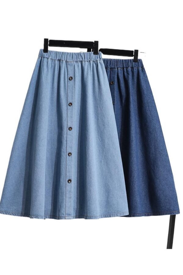 Plus Size Breasted Elastic Waist Blue Denim Skirt