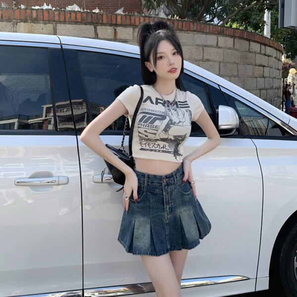 Denim Pleated For Women Summer High Waist Anti-exposure Skirt