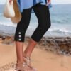 Mid-waist Elastic Solid Color Cropped Pants Tight Button Casual Pants For Women