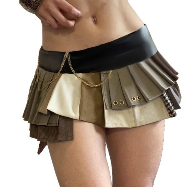 Retro Street Style Hot Girl Irregular Leather Patchwork Pleated Skirt