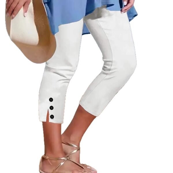 Mid-waist Elastic Solid Color Cropped Pants Tight Button Casual Pants For Women